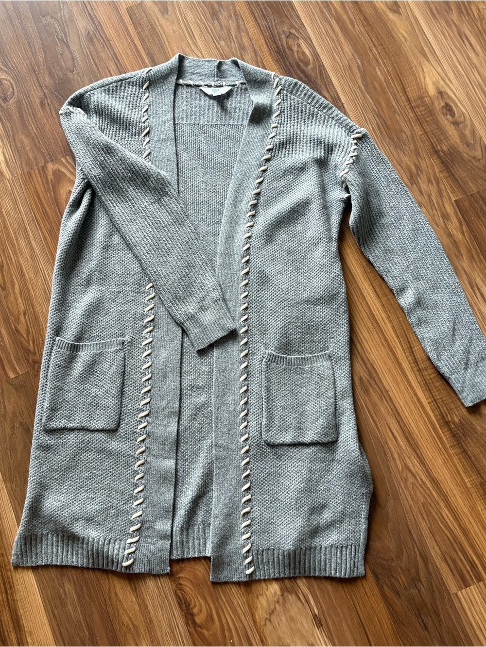 Time and Tru Gray Open-Front Cardigan with Whipstitch Trim